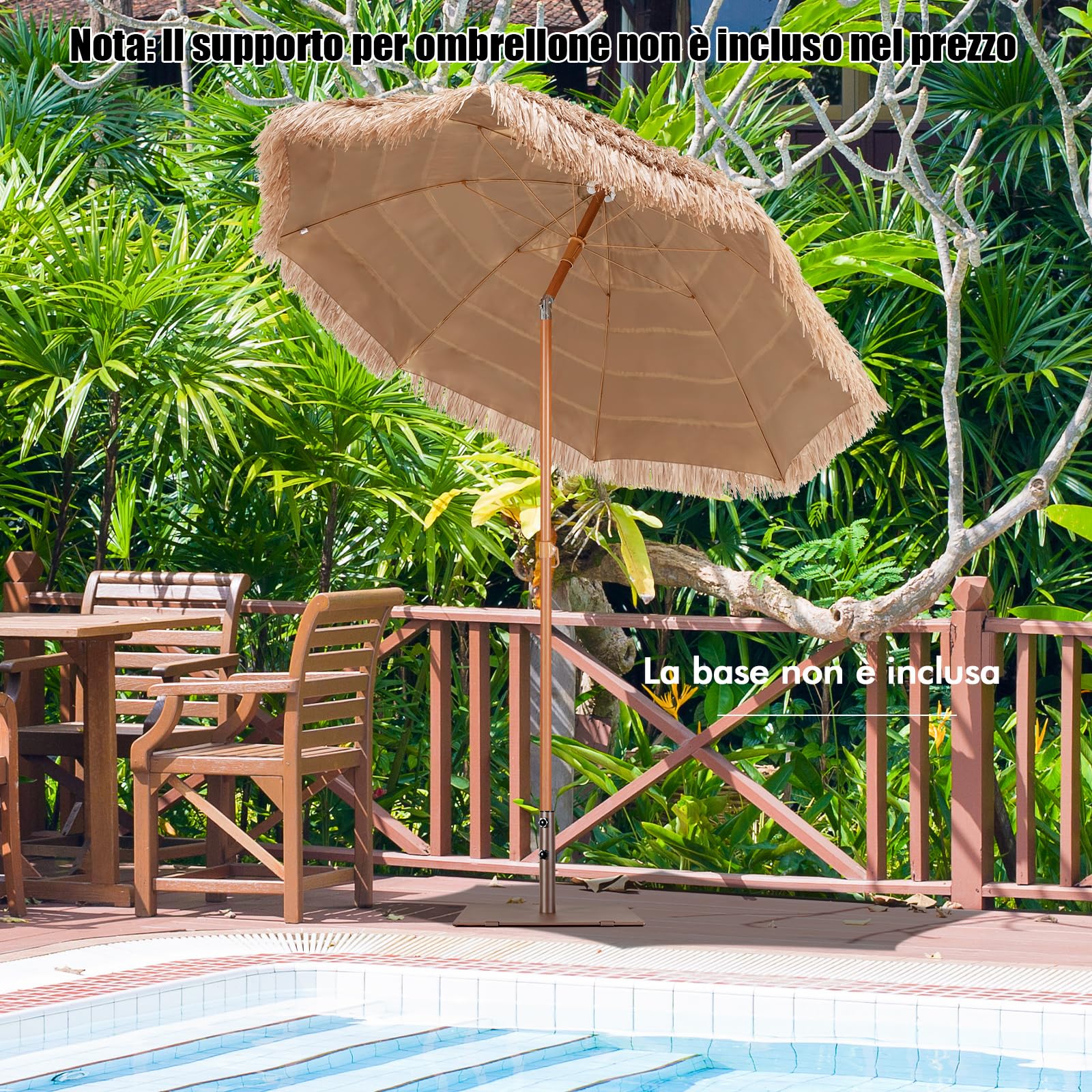 COSTWAY Ombrellone di Paglia in PP 208 cm, Ombrellone da Spiaggia Pieghevole, Parasole Hawaiano con Inclinabile in Metallo, Resistente all'Acqua e al Sole, per Spiaggia Giardino Balcone