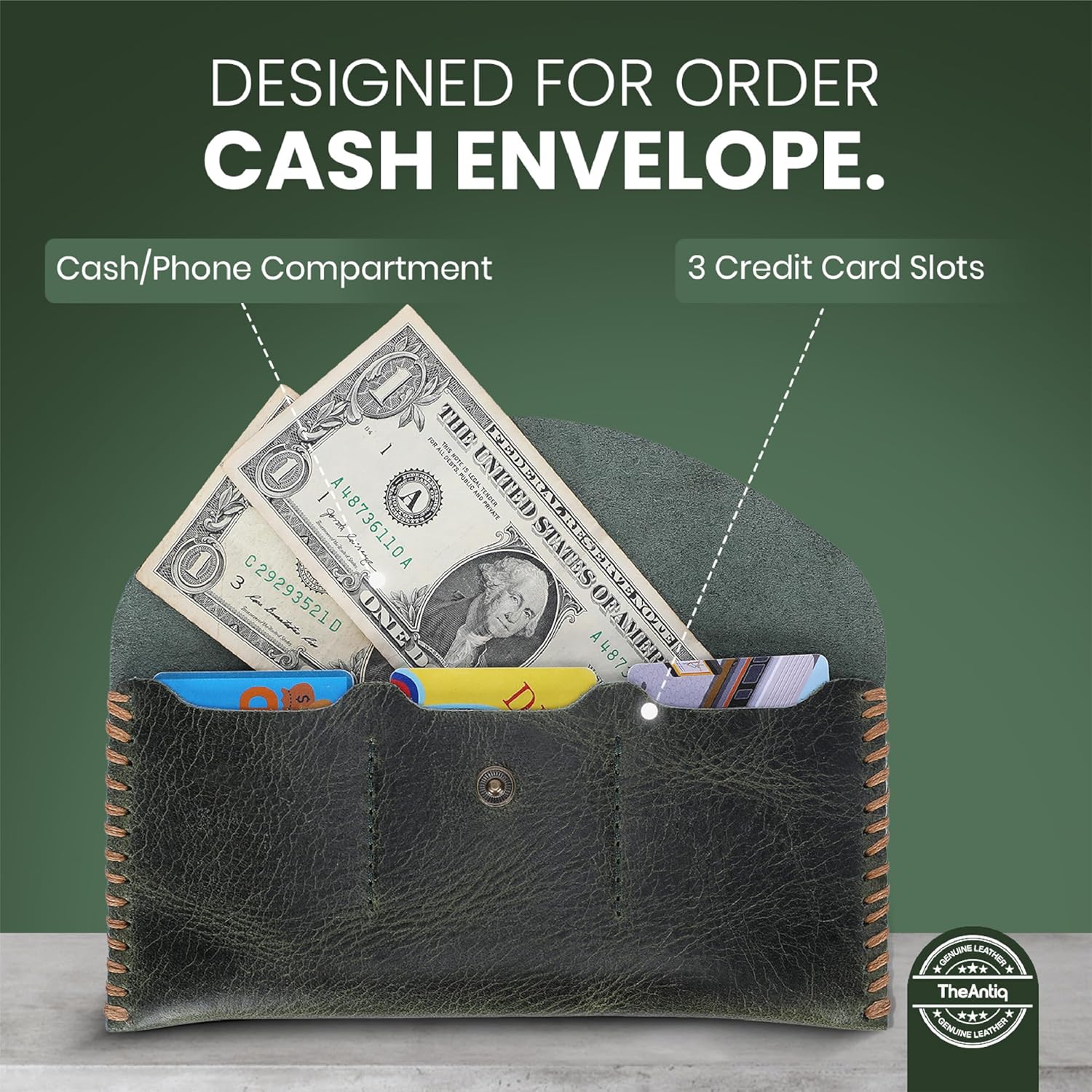 Green Leather Currency Pouch Money Bag with 3 Credit Card Wallet | Genuine Leather Currency Organiser For Men & Women | Handmade Dollar Bills Organiser Money Pouch Cash Bag - Image 4