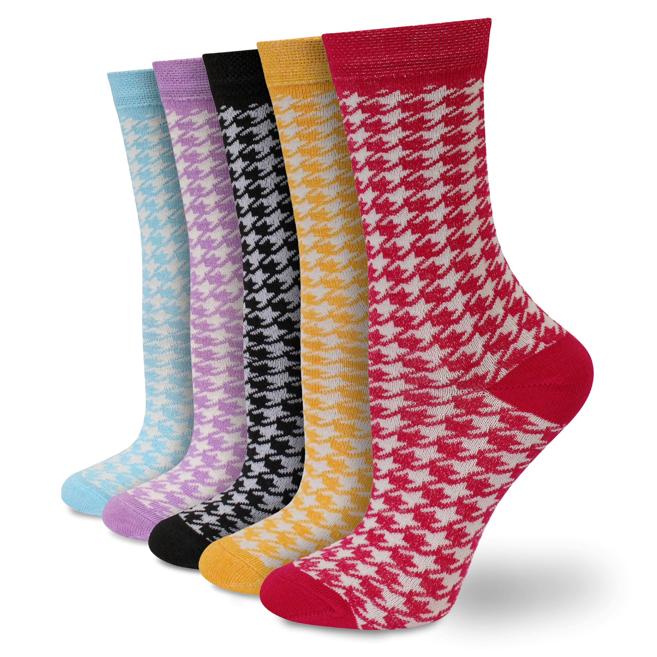 Socksmad Ladies/Womens Multi 5 Pair Pack of Black Cotton Rich Cute Thin Dress Socks with Dogtooth Design