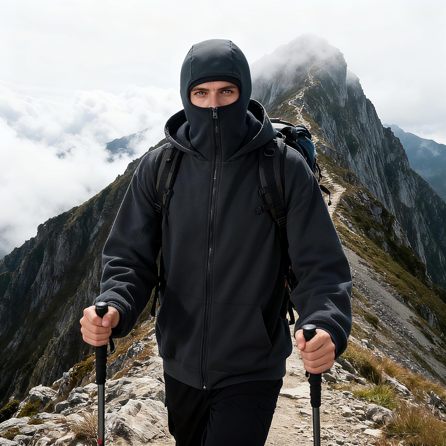 Balaclava Hoodie Men's Zip Up Fleece Double Layer Hooded Hoodie Jackets Windproof Oversized Warm Sweatshirt