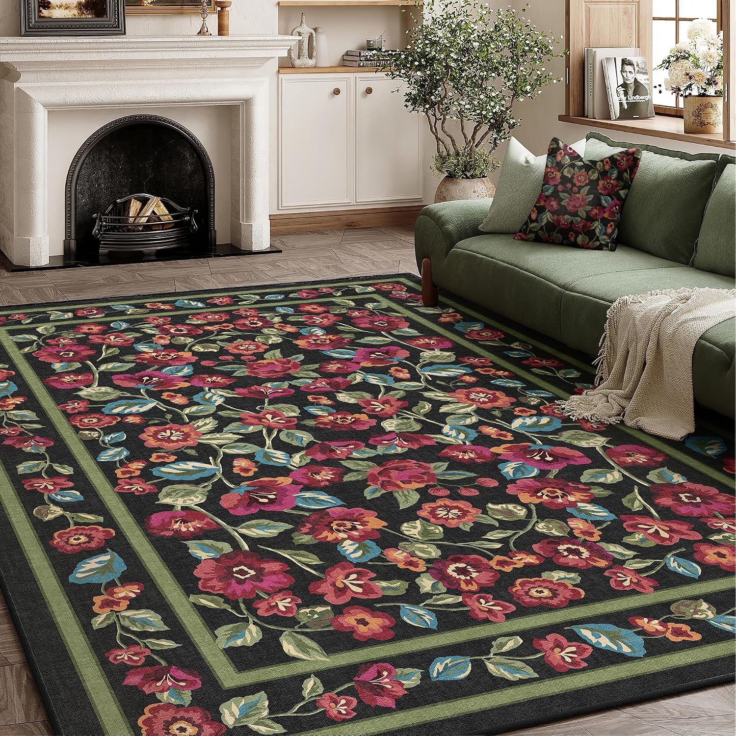black area rug 8x10 washable living room non slip bedroom soft floral indoor carpet vintage low pile accent throw rug for office dining room nursery farmhouse 8' x 10' (rectangular) black