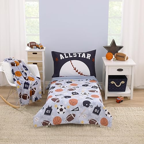 Everything Kids Sports - Juego de cama Allstar de 4 piezas para niños pequeños, gris, azul marino, naranja y marrón, edredón, sábana bajera