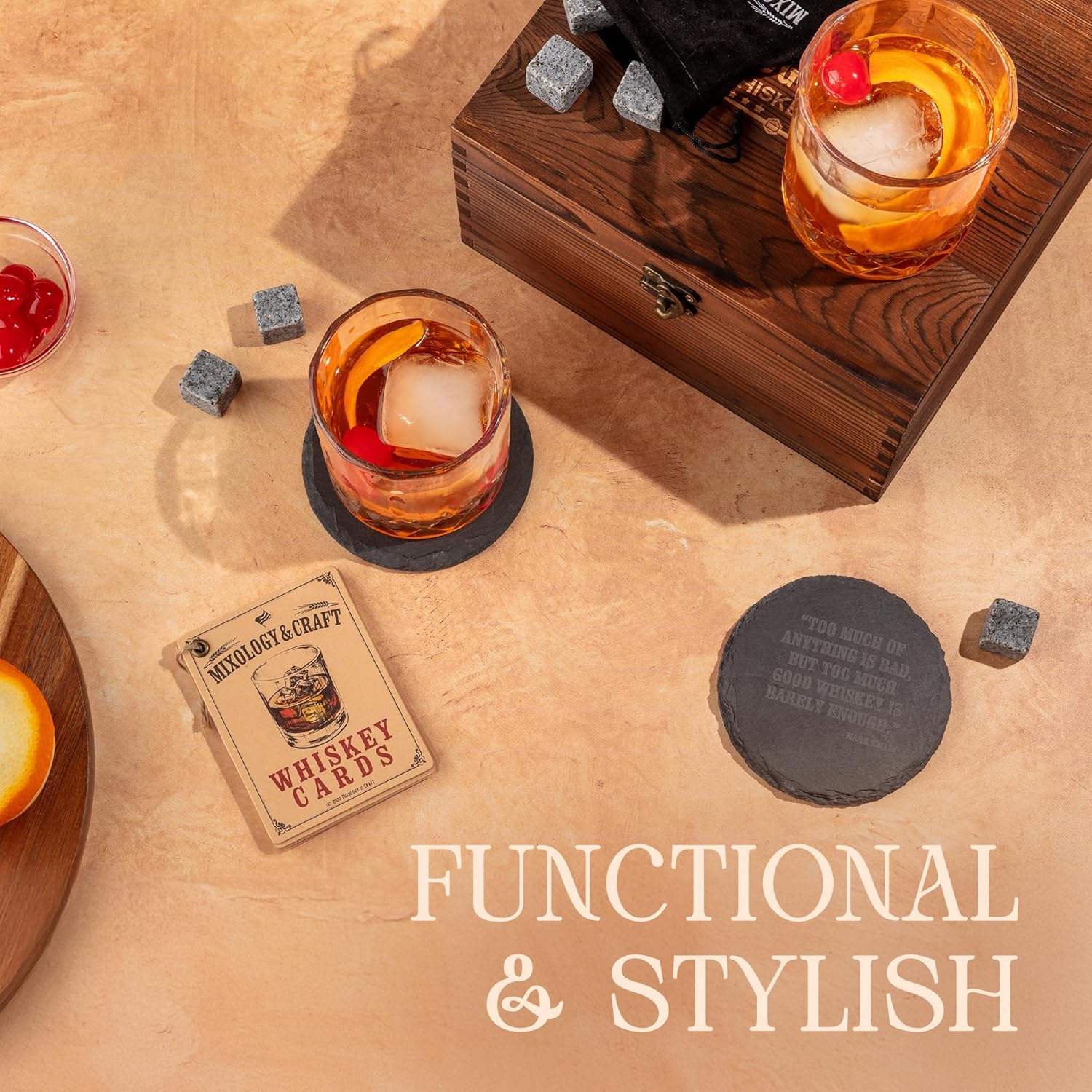 Mixology & Craft Whiskey Stones Gift Set: with Two 10oz Lead-Free Crystal Whiskey Glasses, 8 Whiskey Stones with Velvet Bag, 2 Slate Coasters & Recipe Cards in Wooden Crate | Great - Image 4