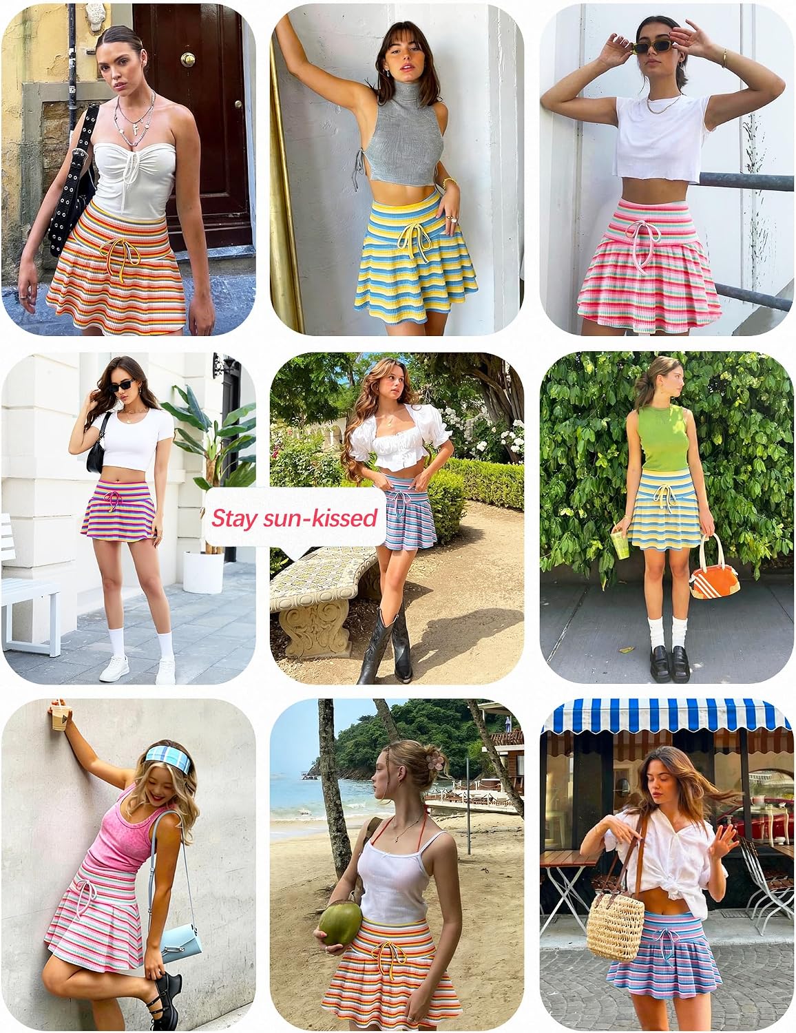 GAMISS Mini Skirts for Women with Shorts Underneath Striped Colorblock Pleated Skirts Summer High Waisted Casual Skate Skort