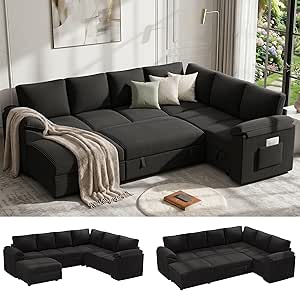 108 Inch U-Shaped Sectional Sleeper Sofa Bed with Storage and Removable Cover, Black