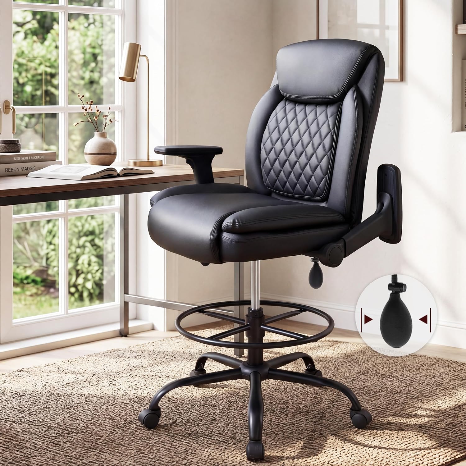 Drafting Chair,Executive Tall Office Chair Flip-up Armrests for Counter Height Desk Drawing Use,High Task Chair with Adjustable Foot Ring & Inflatable Lumbar Support, Swivel Computer Stool,PU Black