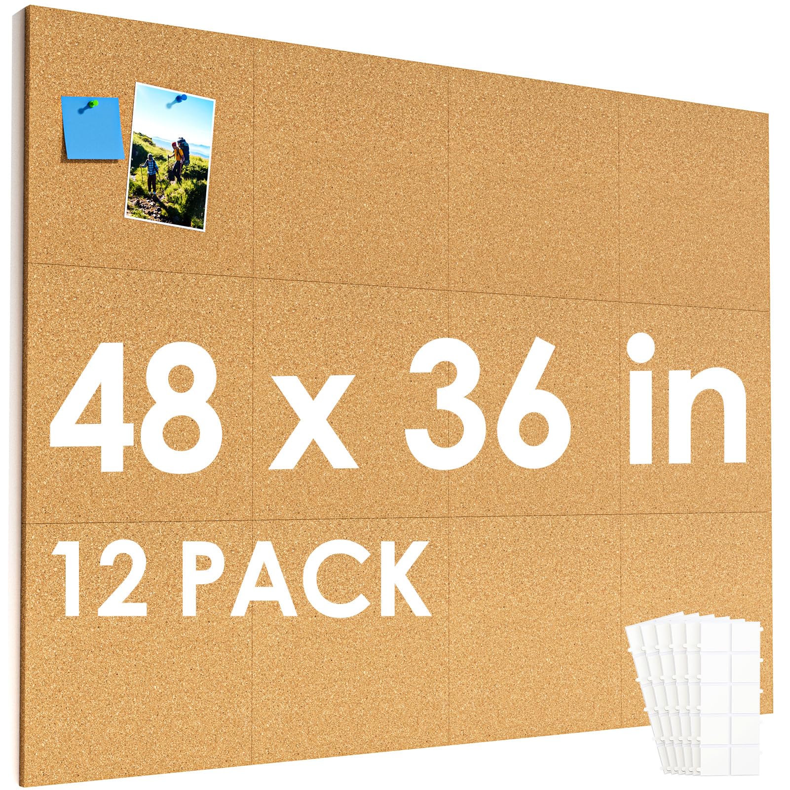 MaxGear Large Cork Board for Wall 48" x 36", 12 Pack Cork Board Tiles with 40 Pushpins & Safe Removable Adhesive Tabs, 12" x 12" Corkboards for Office