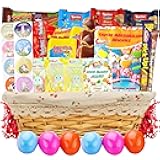 Easter Snack Basket with Liner (50 Count) Filled with Treats, Candy, Peelable Gummies, Marshmallow Gummies, Great Package for Family and Friends