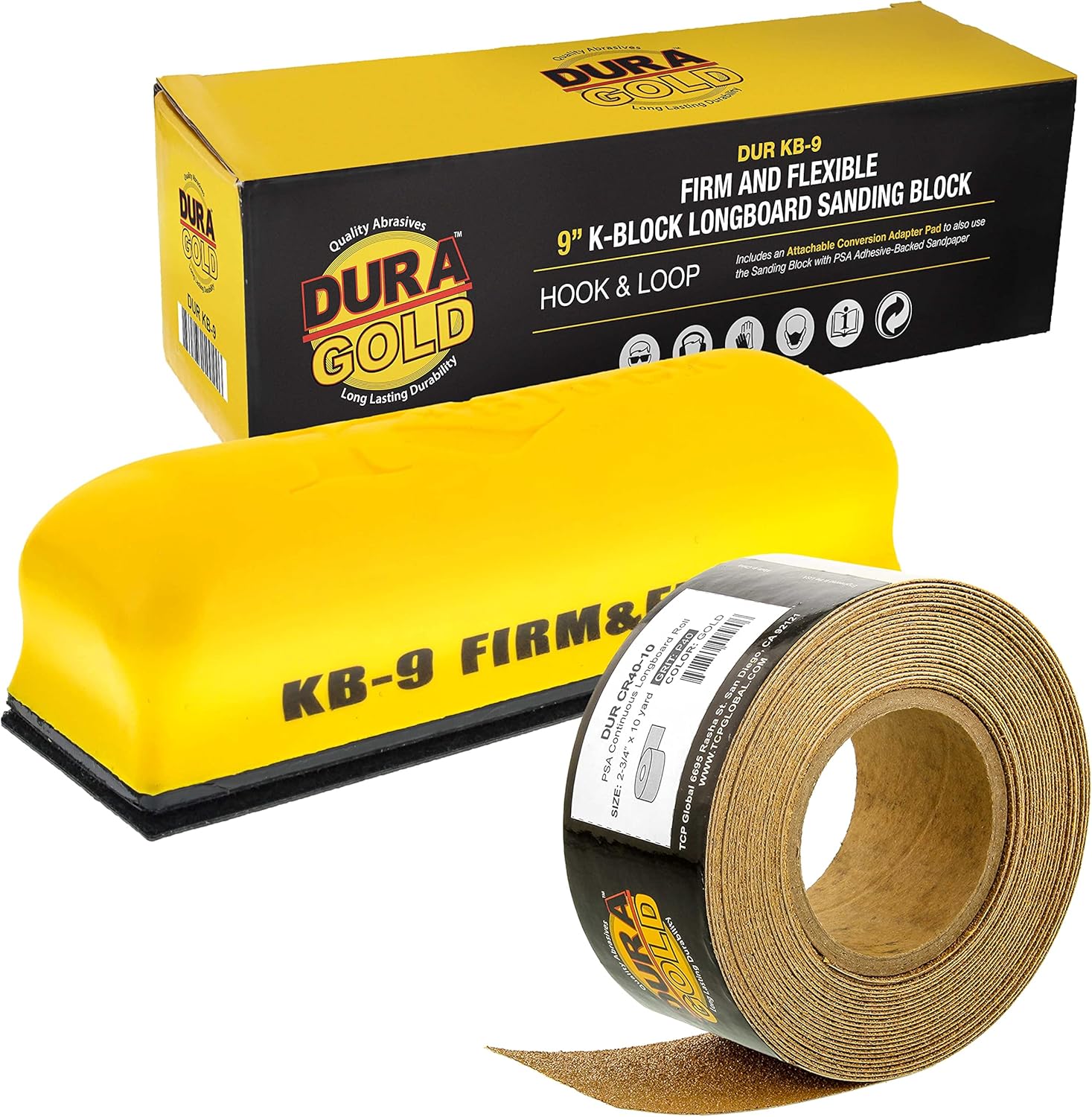 Dura-Gold Pro Series 9" K-Block Sander Firm & Flex Hand Sanding Block Pad with Hook & Loop Backing and PSA Adapter Pad & 40 Grit PSA Longboard Sandpaper 20 Yard Roll, 2-3/4" Wide