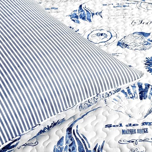 Miniatura 5 de Lush Decor Harbor Life - Juego de edredón reversible, juego de 7 piezas, matrimonialqueen, índigo, edredón náutico a rayas, estampado de vida