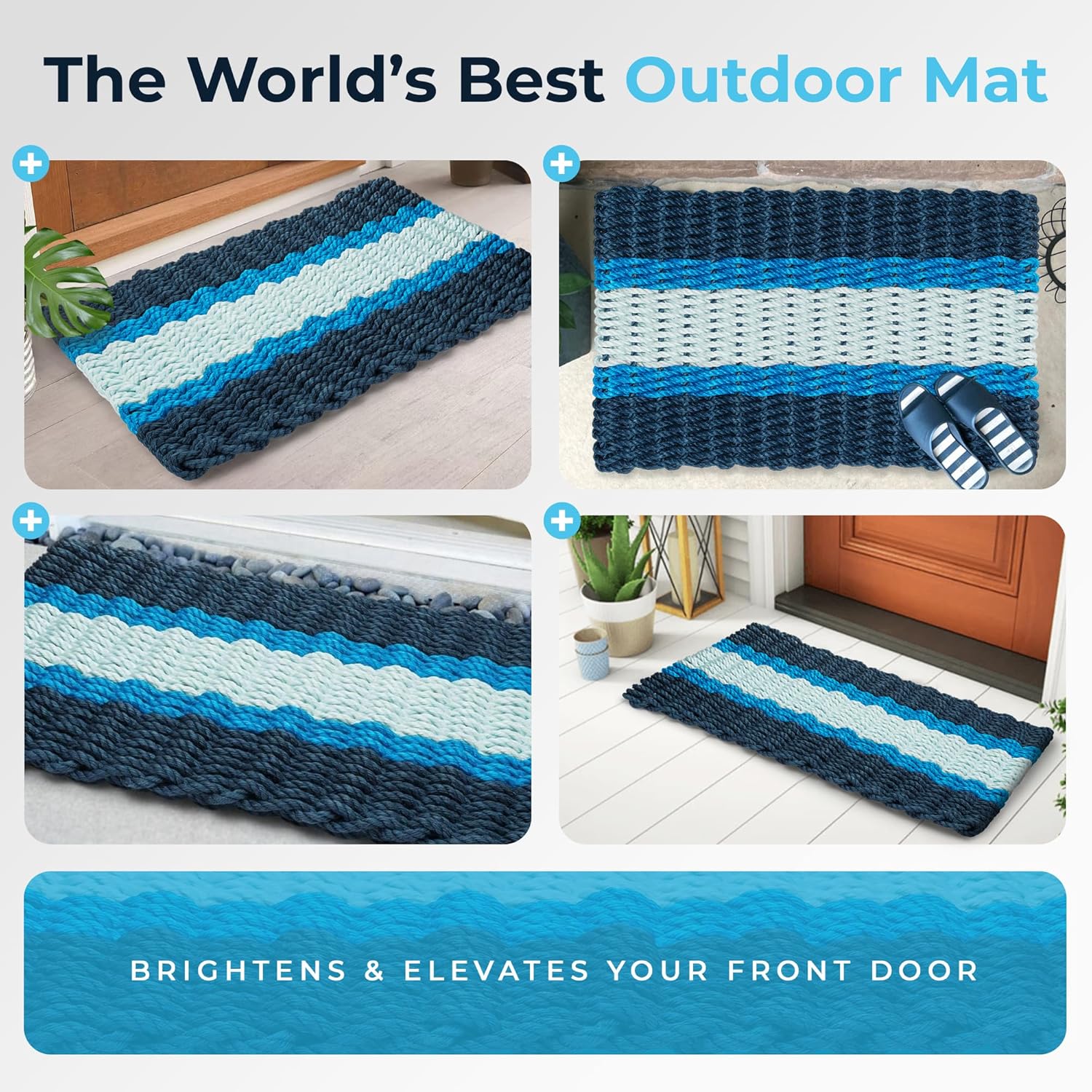 Outdoor Door Mat, The Original Lobster Rope Doormat, All Weather Mats, Woven Door Mat from Nautical Rope, Front Door Welcome Mats, (Navy, Light Blue, Seafoam, 18 x 30)