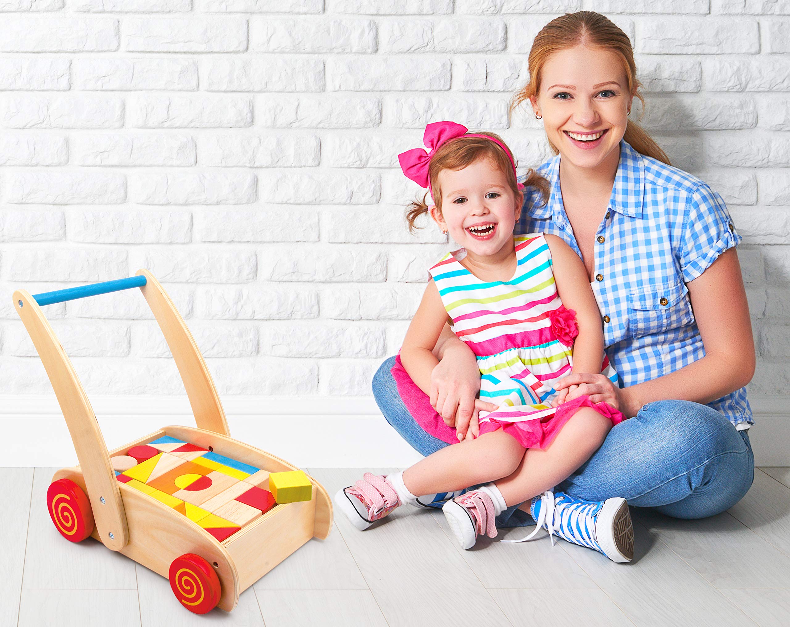 2695 Carrello primi passi Cubetti small foot in legno, con scomparto per blocchi di legno, si allena la comprensione del colore e della forma, a partire da 1 anno