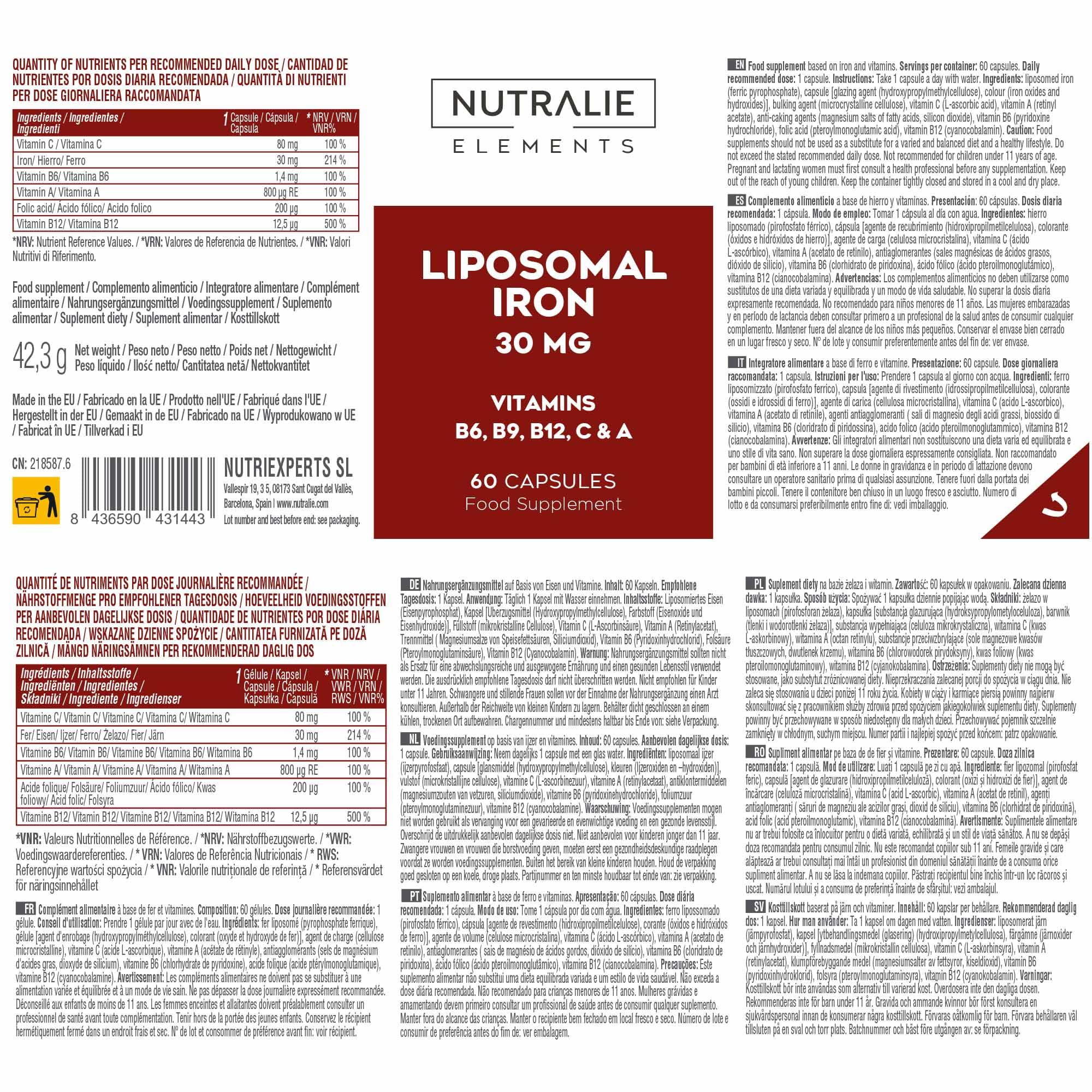 Ferro Liposomiale 30mg Stanchezza e Affaticamento - Con Vitamina C, B12, Acido Folico, A e B6 - Integratore di Ferro - 60 Capsule Liposomal Iron Nutralie