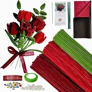 200 pcs Red Pipe Cleaner Flowers Craft kit for DIY Rose Bouquet with tutoria,Chenille Stem Flowers Craft with 12 pcs Green Floral Wires,Gardening Tape,Pearls, Rhinestones,Wrapping Paper