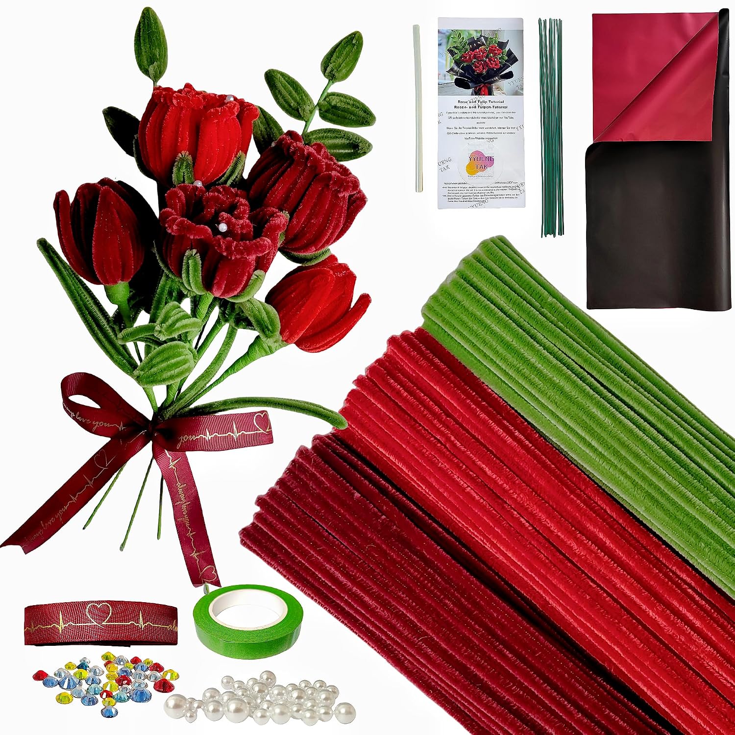 210 pcs Pipe Cleaner Flowers Craft kit for DIY Sunflower Bouquet with tutoria (5 Colors),Chenille Stems Flowers Craft kit with 12 pcs Green Floral Wires,Gardening Tape,Floral Paper