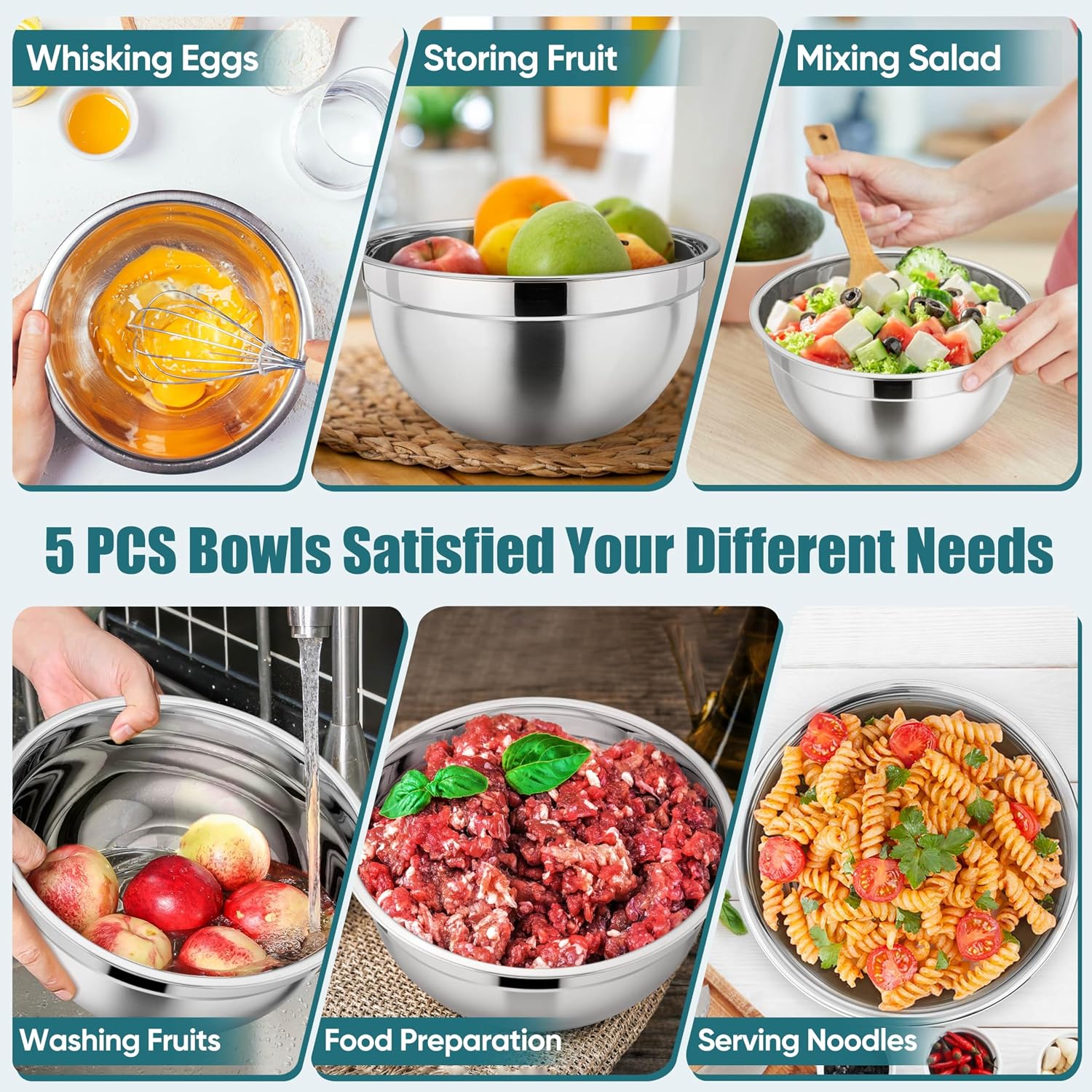 P&P CHEF Metal Mixing Bowls with Lids Set, Airtight Lids & Blue image 5