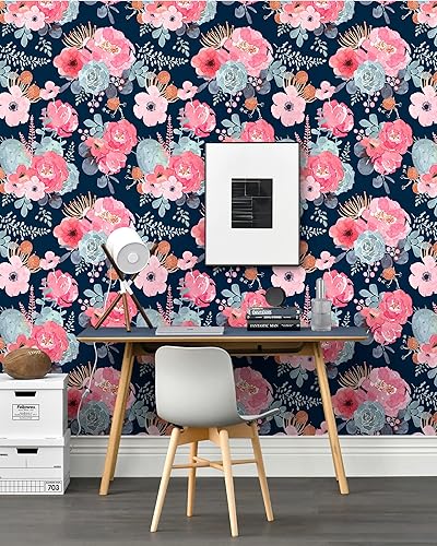 Miniatura 2 de Floralplus Papel tapiz floral removible para despegar y pegar, apto para inquilinos, papel tapiz de flores oscuras, papel de contacto para paredes,