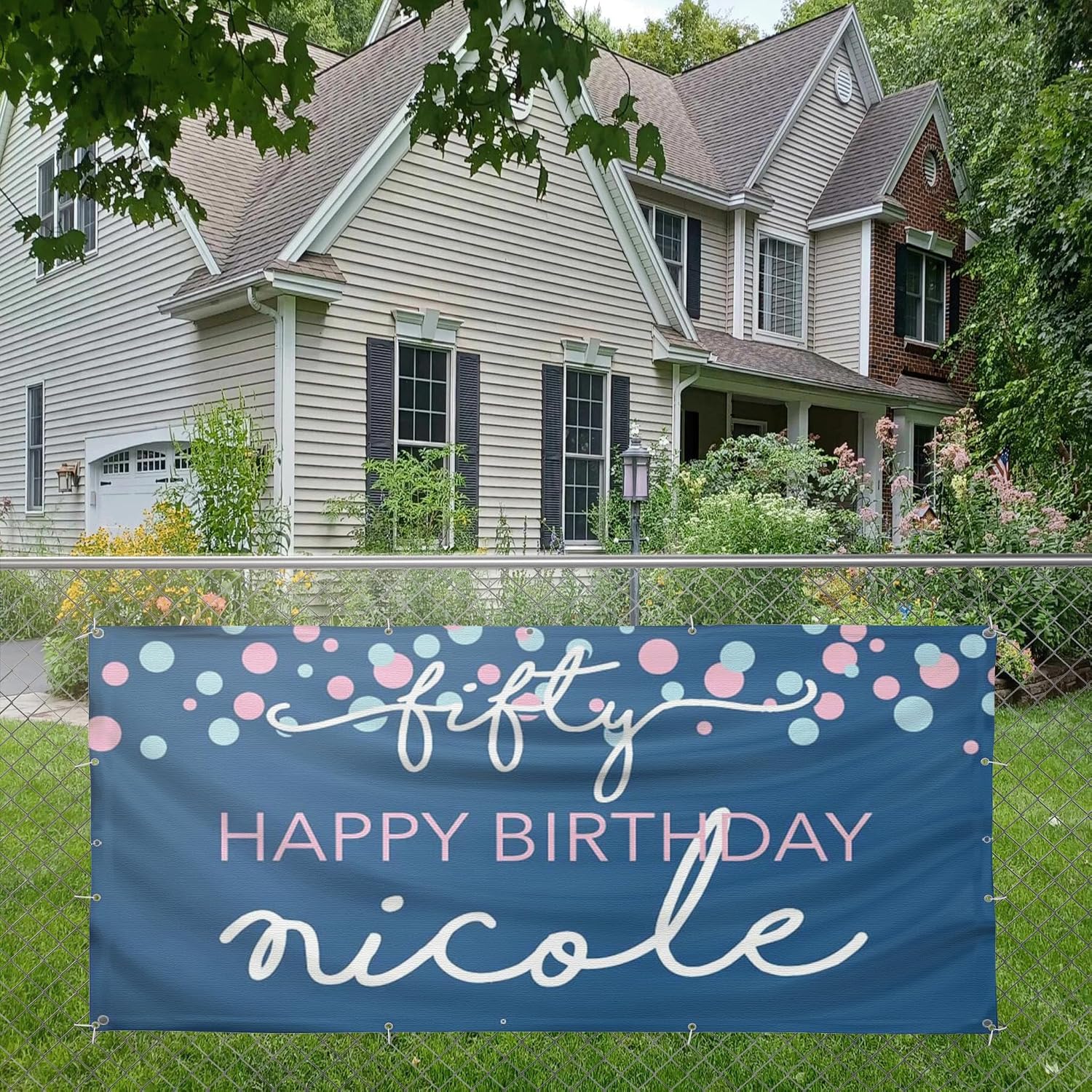 VictoryStore Birthday Party Supplies: Custom Happy Birthday Banner - Polka Dots Vinyl Banner Customized Name and Age (Blue) (3x6 Feet)