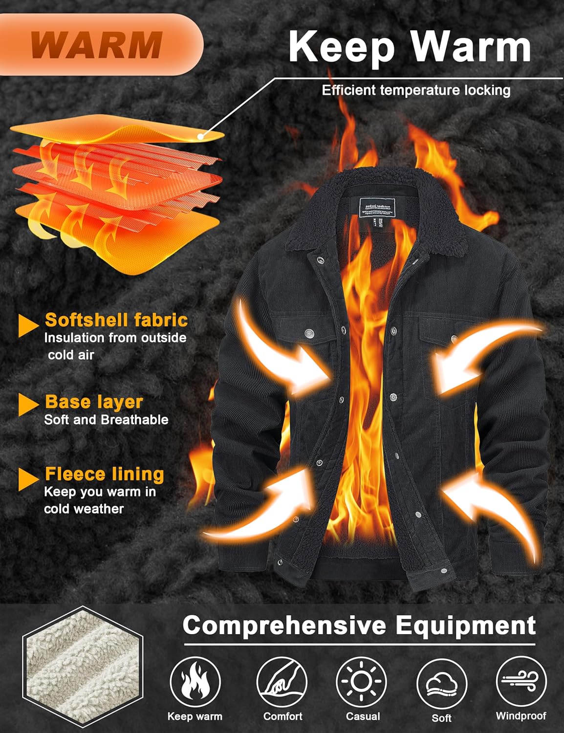 CRYSULLY Men's Corduroy Jacket Cotton Sherpa Lined Jacket Turn-Down Collar Jackets with 5 Pockets - Image 4