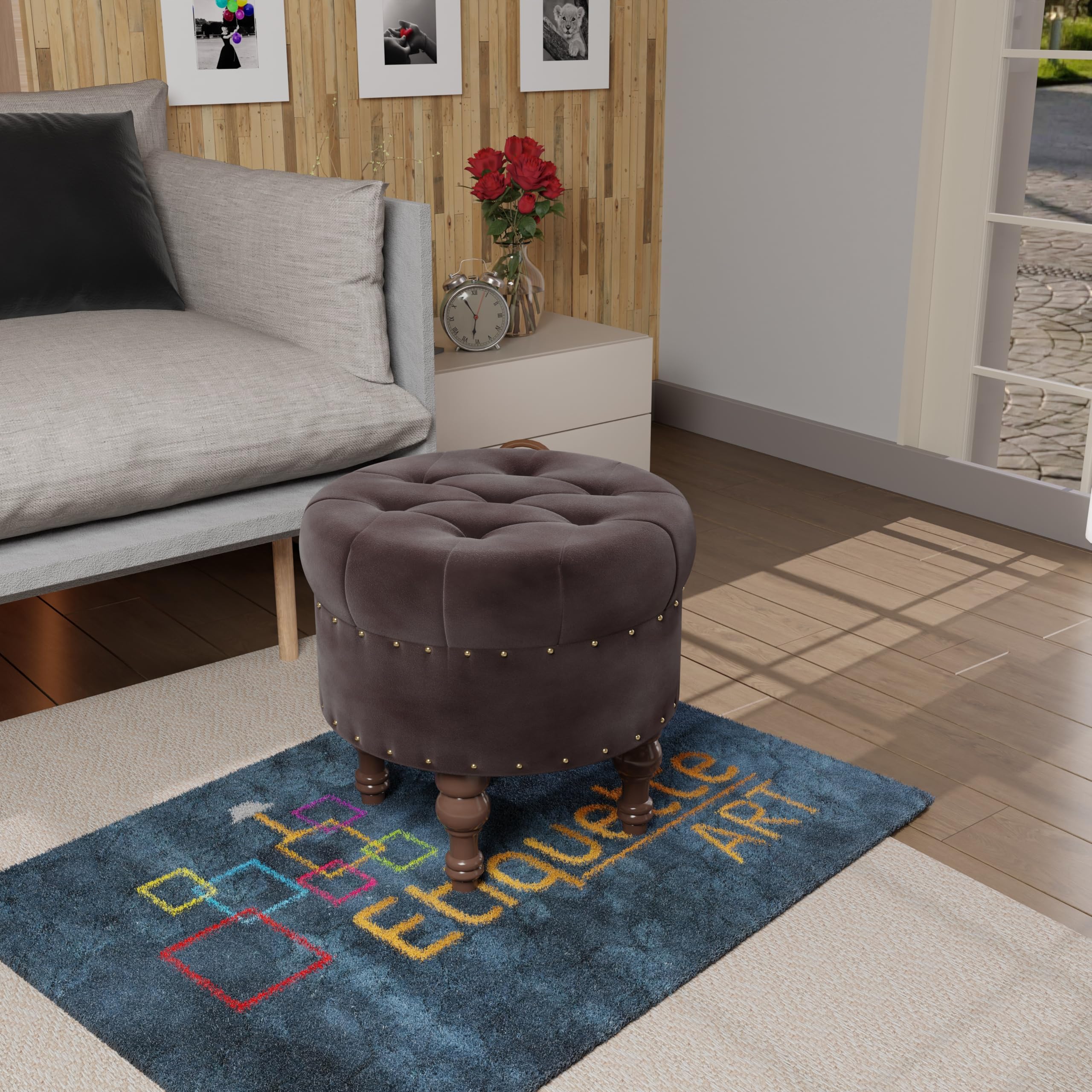 Amazon Brand - Umi Home Decor | Upholstered Round Velvet Tufted Foot Rest Ottoman with 4 Legs | Ottoman with Storage for Living Room & Bedroom | Decorative Home Furniture (Brown)-image-32
