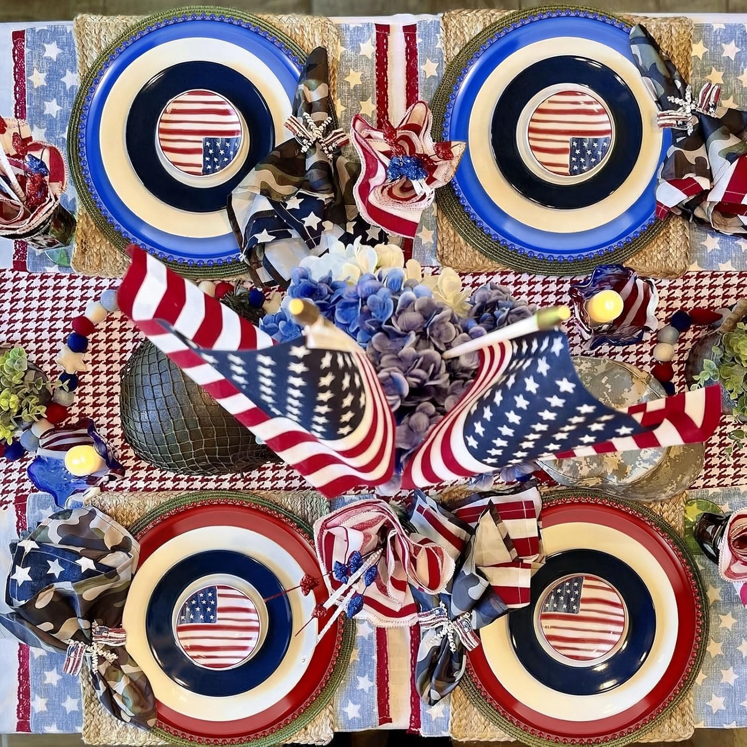 CHENGU 6 Pcs 4th of July Charger Plates Patriotic Charger Plates Red and Blue Clear Acrylic Round Table Decorations Placemat for Independence Day Party Kitchen Dining Tables