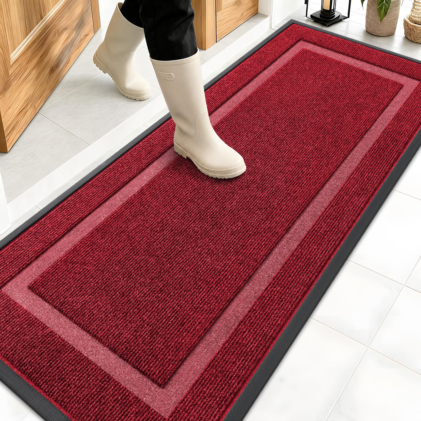 OLANLY Front Door Mat Outside 59x20, All-Season Heavy-Duty Rubber Doormat | Wine Red, Absorbent, Stain and Fade Resistant, Waterproof Non-Slip Backing, Low-Profile Indoor Outdoor Floor Mat for Entryway