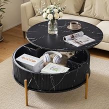 LEVNARY 31.5" Round Lift Top Coffee Table with Storage, Faux Marble Top Coffee Table with Hidden Compartment & Metal Frame, Fluted Circular Center Table with Gold Legs for Living Room Black
