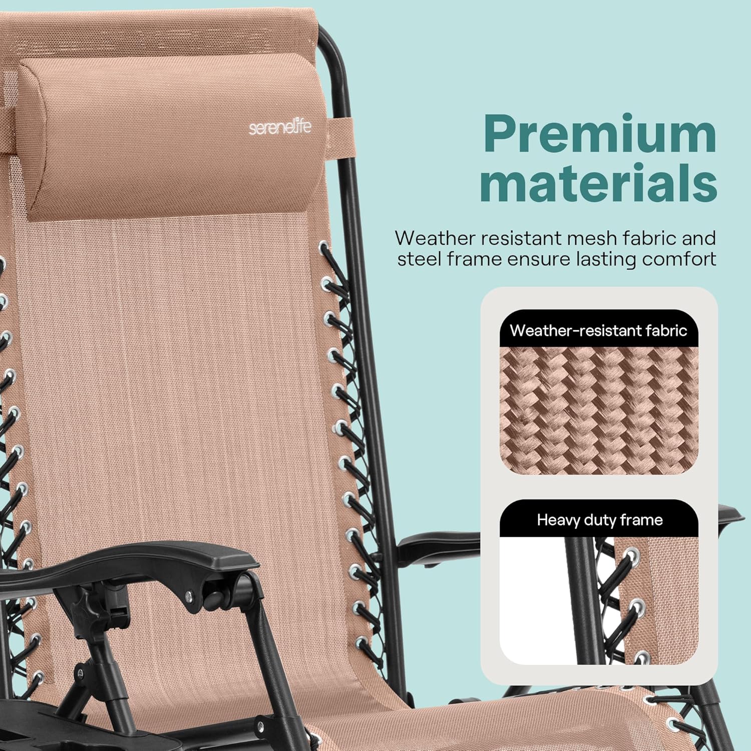 SereneLife Zero Gravity Chairs Set of 2 - Adjustable Steel Mesh Lawn Chairs - Outdoor Lounge Chairs with Detachable Cup Holder Tray - Foldable Outdoor Chair with Removable Pillows - Cream