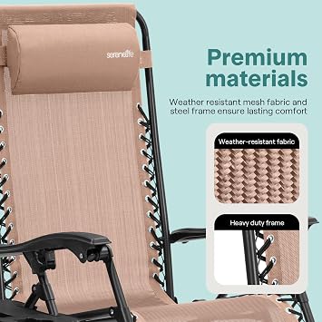 SereneLife Zero Gravity Chairs Set of 2 - Adjustable Steel Mesh Lawn Chairs - Outdoor Lounge Chairs with Detachable Cup Holder Tray - Foldable Outdoor Chair with Removable Pillows - Cream