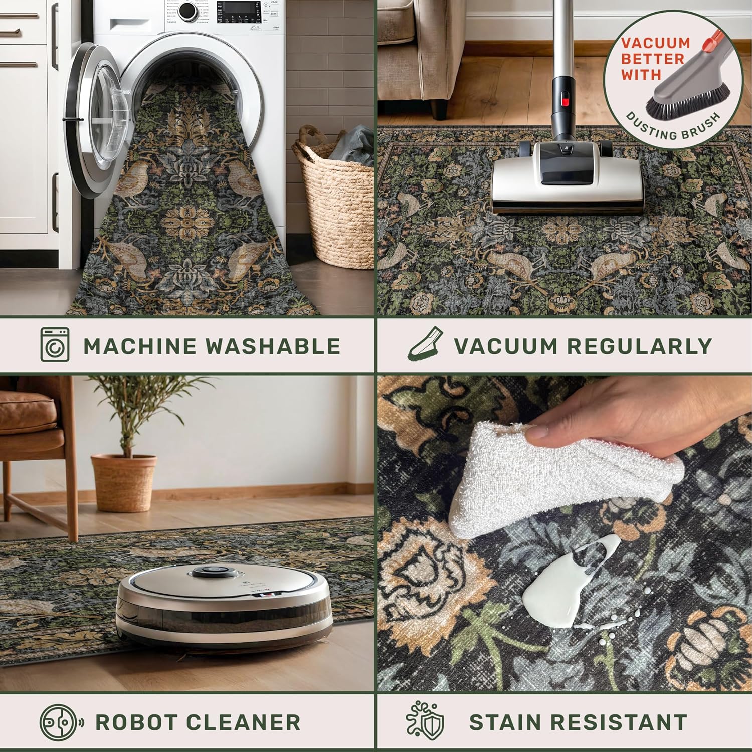 Large Entryway Rugs Indoor - 3x5 Washable Rugs for Kitchen Bedroom Beside Bed Door Mat Indoor Entrance with Moody Woodland Flowers, Non Slip Stain Resistant Low Pile - Image 5