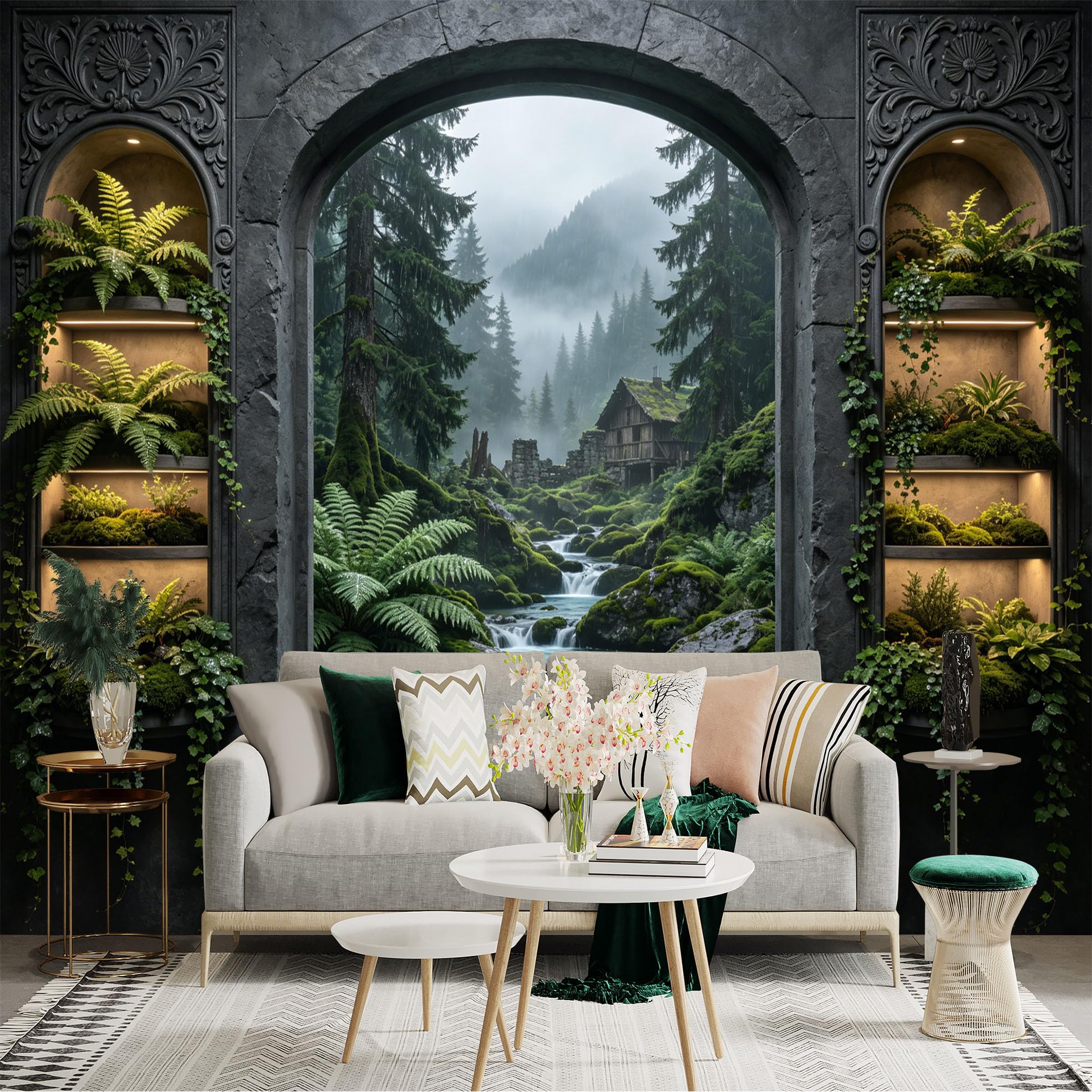 Custom Size Wall Sticker Mural， Misty Forest Waterfall with Cabin and Lush Green Plants， for wall Decoration， peelandstick wall Decals.