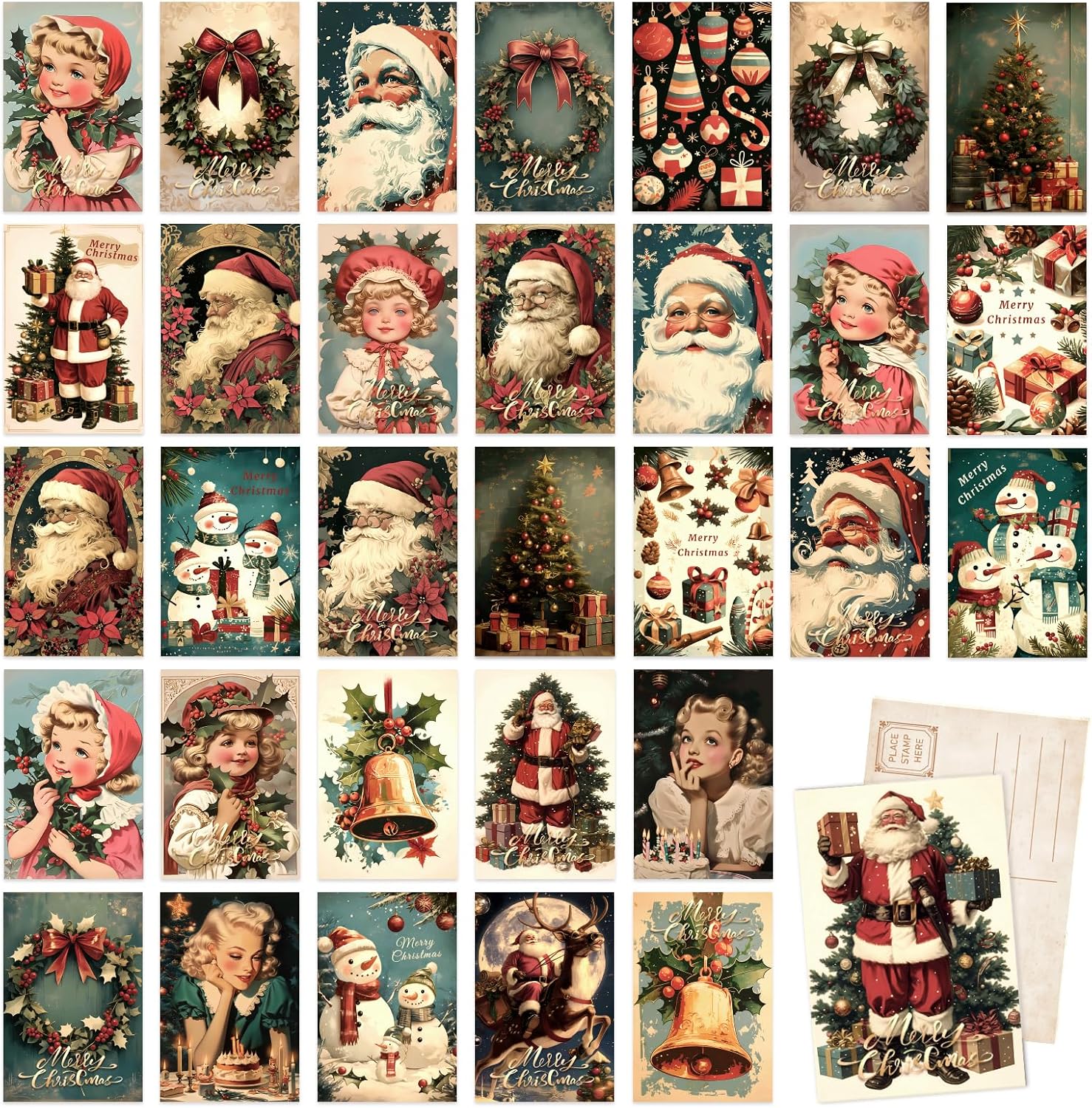 32 Vintage Christmas Postcards, Santa Claus Snowman Reindeer Pattern, Blank Christmas Greeting Cards Decorations, Retro Post Cards for Holiday Party Favors, 350gsm, 4 x 6 Inch