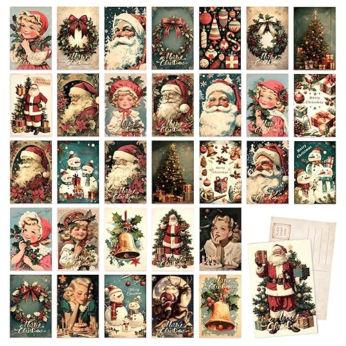 32 Vintage Christmas Postcards, Santa Claus Snowman Reindeer Pattern, Blank