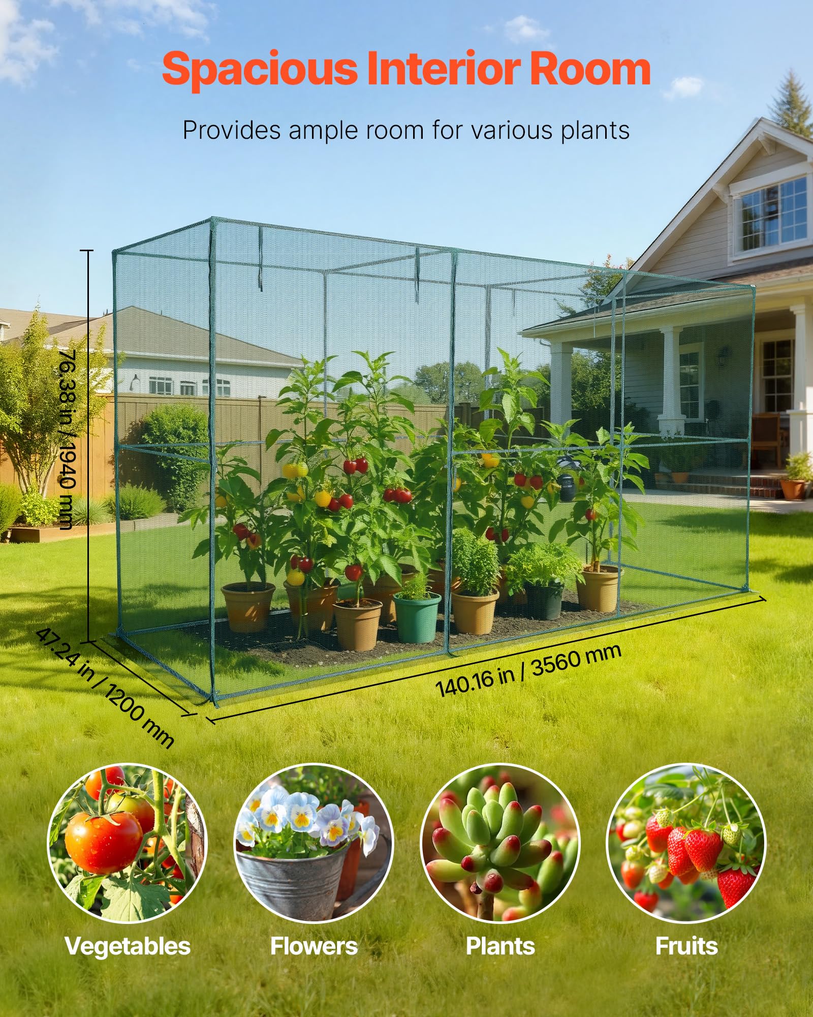 VEVOR Jaula de Cultivo Protectora para Plantas, con Puerta con Cremallera, Resistente al Viento, Cubierta para Bancales Elevados de Exterior, para Jardín, Patio y Césped, 3560 x 1200 x 1940 mm