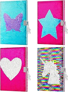 Tenceur 4 Pcs Sequin Notebook with Lock and Key Reversible Sequin Journal for Girls Diary Lined Travel Journal Secret Diary Notebook for Teens Birthday Gift Halloween Christmas Party Favor