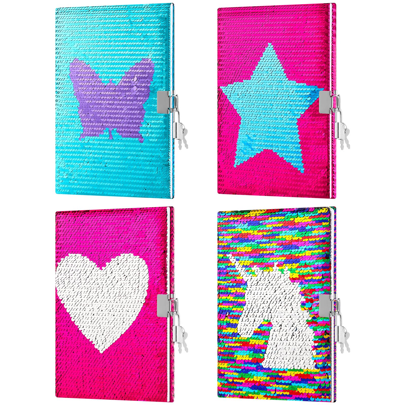 Tenceur 4 quaderni con paillettes con serratura e chiave, diario reversibile con paillettes per ragazze, diario di viaggio a righe, diario segreto, per adolescenti, regalo di compleanno, Halloween,