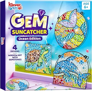 KleverKits Diamond Art Kits for Kids 6+ - 4PCS Gem Painting Suncatchers, Ocean Mosaic Window Crafts, Birthday Gifts for Girls Boys