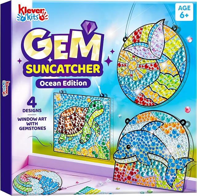 Klever Kits Kits de arte de diamantes para niños, kit de pintura de gemas de 4 piezas, atrapasoles de ventana, kits de mosaico, manualidades para niñas y niños, regalos de cumpleaños, juguetes a