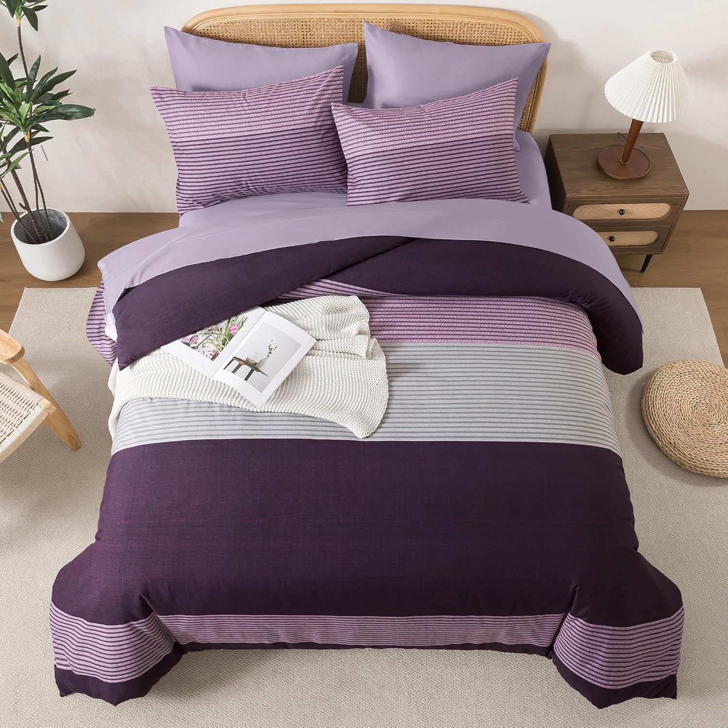 Andency Full Size Comforter Set Purple - 7 Pieces Striped Lightweight Bed in a Bag, Soft Microfiber Reversible Bedding Set with Comforter, Fitted & Flat Sheet, Pillowcases & Shams - Image 2