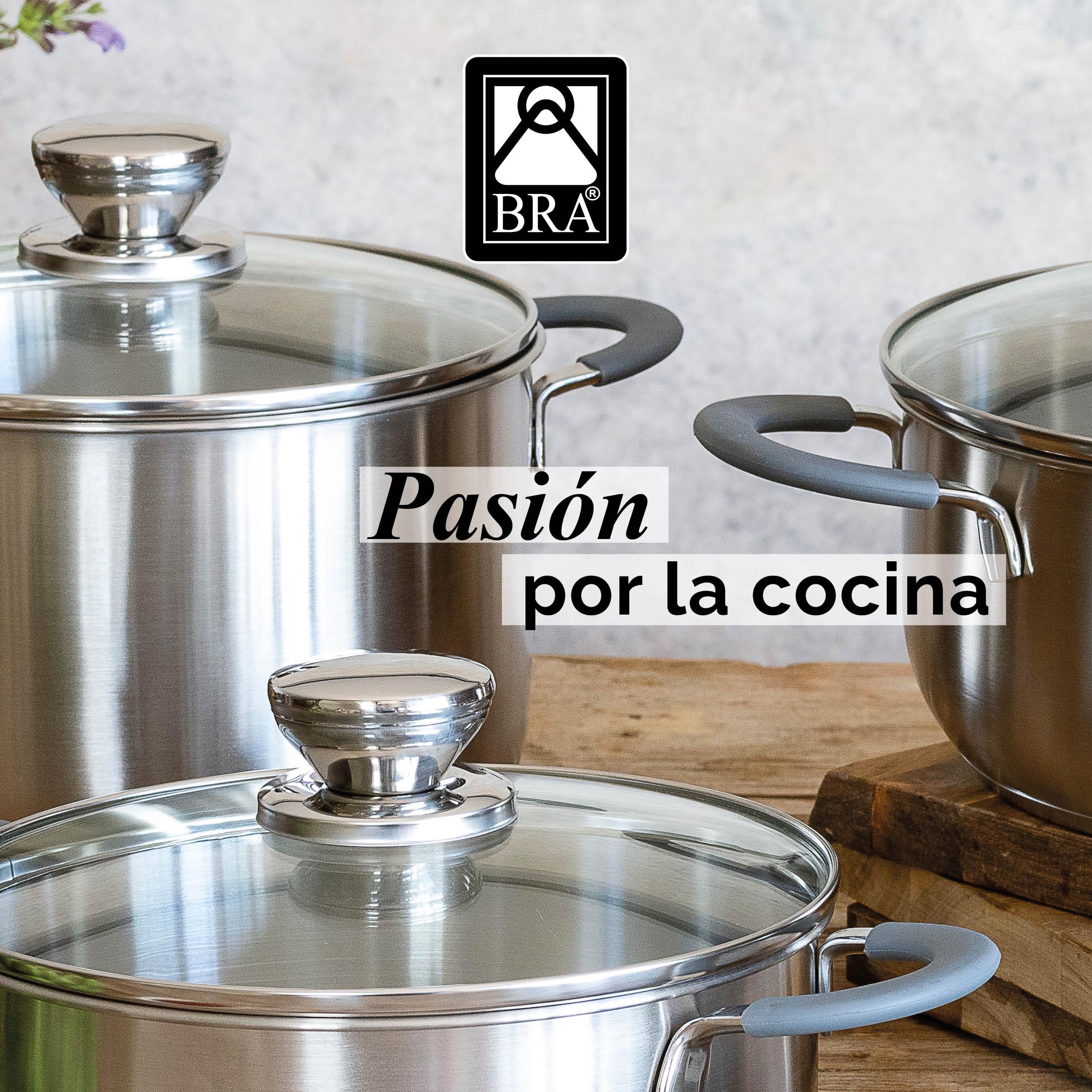 BRA Master | Batería de cocina 7 piezas, Acero Inoxidable 18/10, Sin Antiadherente, Mango recubierto de Silicona, Apto para todo tipo de cocinas, Incluida Inducción