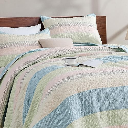 Miniatura 39 de Andency - Juego de ropa de cama Queen, edredón de patchwork azul mineral, 3 piezas, colcha de verano a rayas ultra suave y ligera, juego de 18 -