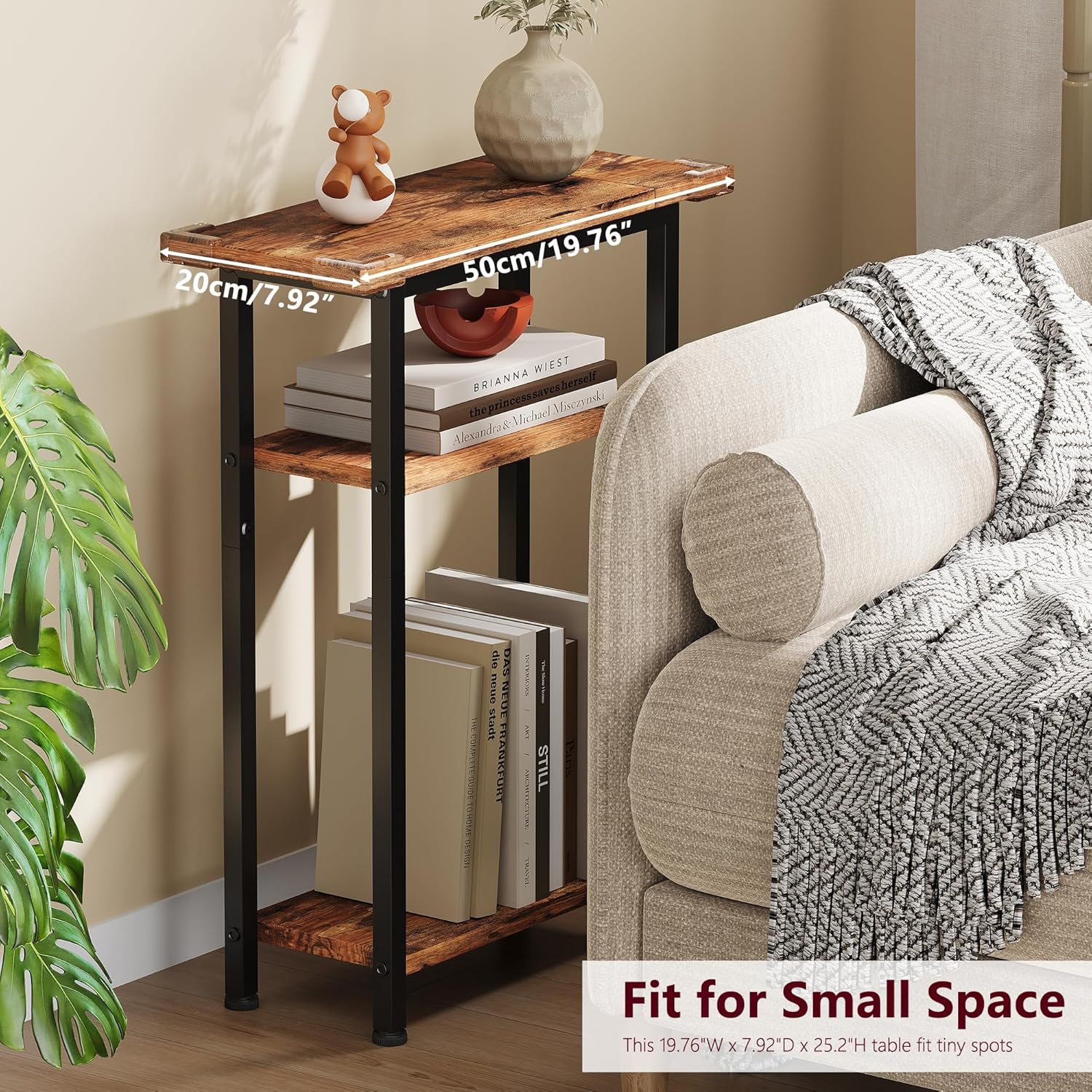 Heybly Small Narrow Side Table for Small Space, Thin Bedside Table, Slim Sofa Table, Skinny End Table, 25.2" Tall Nightstand, Couch Table for Living Room, Bedroom, Study, Rustic Brown, HET005SR1