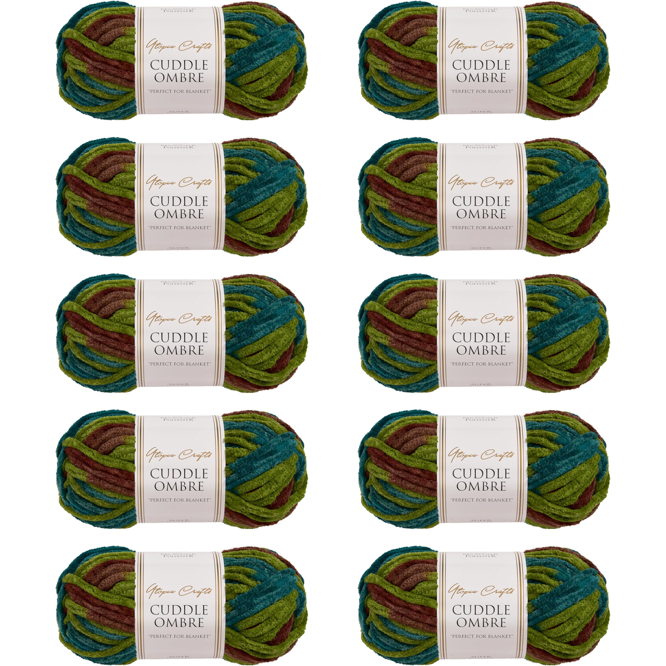 Utopia Crafts Cuddle Ombre Super Chunky Chenille Soft Yarn for Knitting and Crochet 10x 100g (Forest Mist)