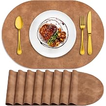 ADRIMER Placemats, Heat Resistant Oval Placemats Set of 8 Washable 12 x 17 Inch, Waterproof Table Mats, Wipeable Pu Place Mats for Kitchen, Dining Room, Sandy Light Brown
