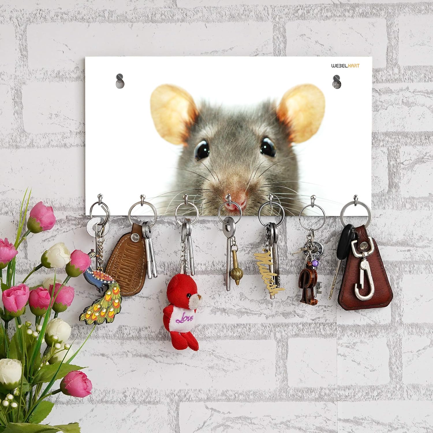 Webelkart Premium Printed Funny Mouse Wooden Key Holder (30 cm x 16 cm x 0.4 cm, Multi)- 7 Hooks