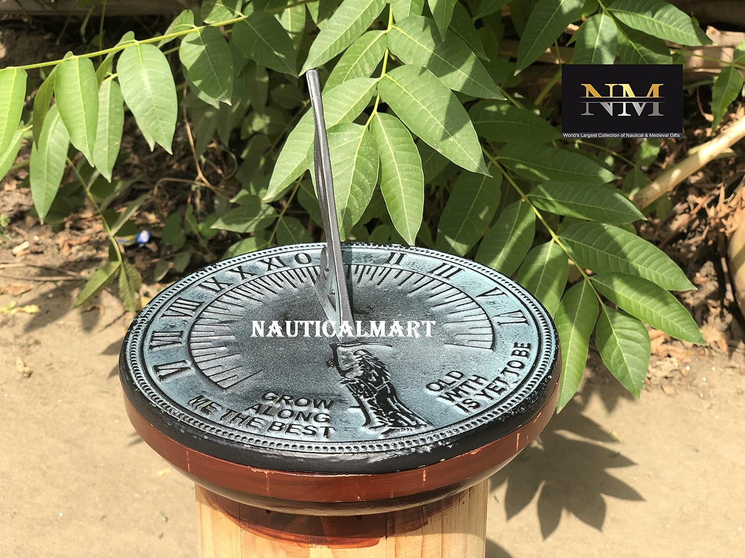 NauticalMart Brass Father Time Sundial with Verdigris Highlights Engraved with Grow Old Along with Me, Wedding for Parents, Grandparents, Couples, for Him or Her