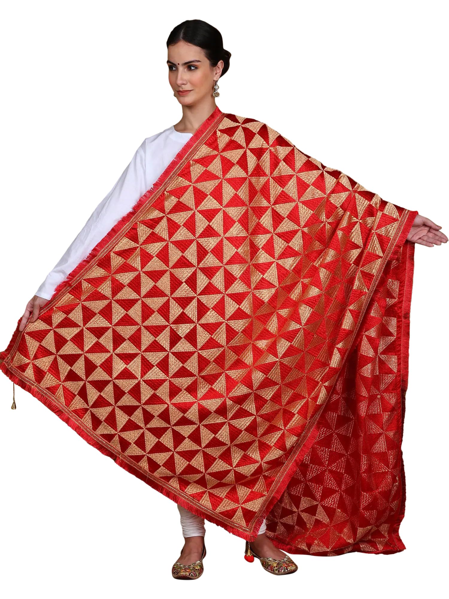 exotic india Art Silk Phulkari Thread Embroidered Dupatta from Punjab with Jhalar Border And Latkan Pallu-picture-30