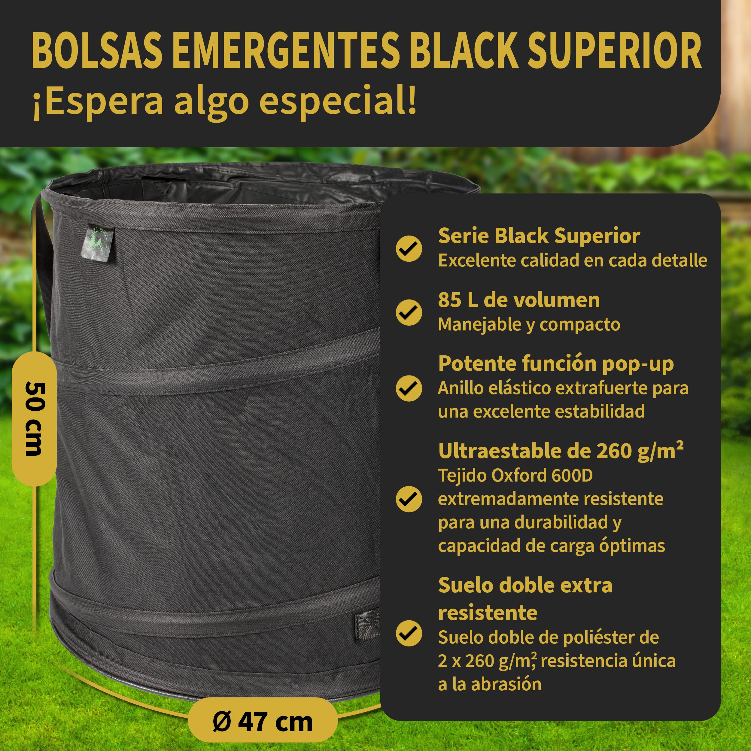 TTL Commerce TTL Garden Black SUPERIOR - Saco de jardín plegable (85 L, base doble, 260 g/m², extra estable, 600D Oxford, 85 L, plegable), 180323-003