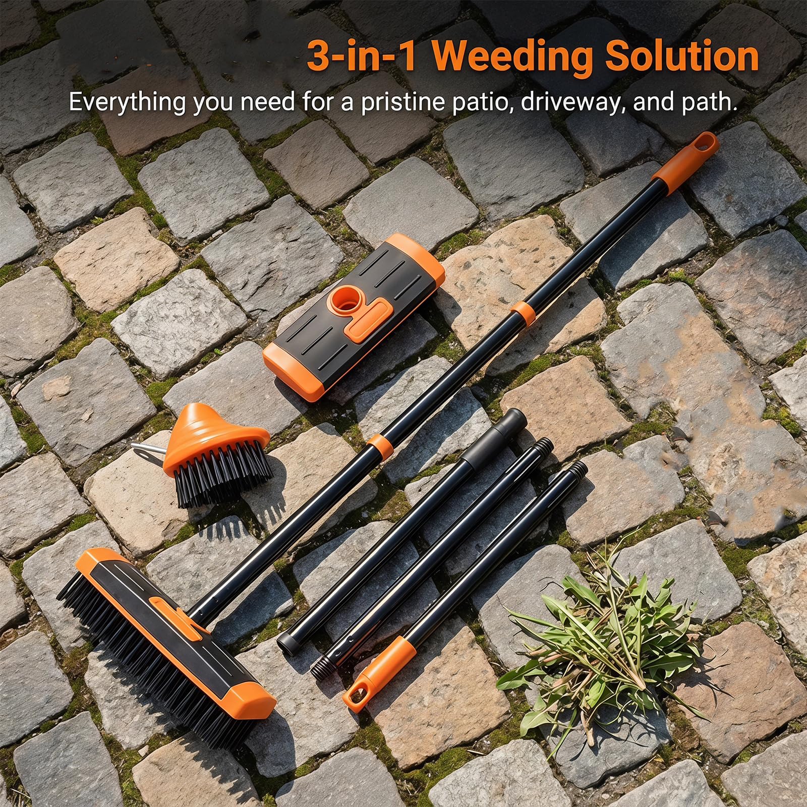 Juego de cepillo versátil 3 en 1, cepillo telescópico de mango largo, extractor de malas hierbas, herramientas de deshierbe para patios, jardín, losas de pavimento, 2 unidades, color naranja