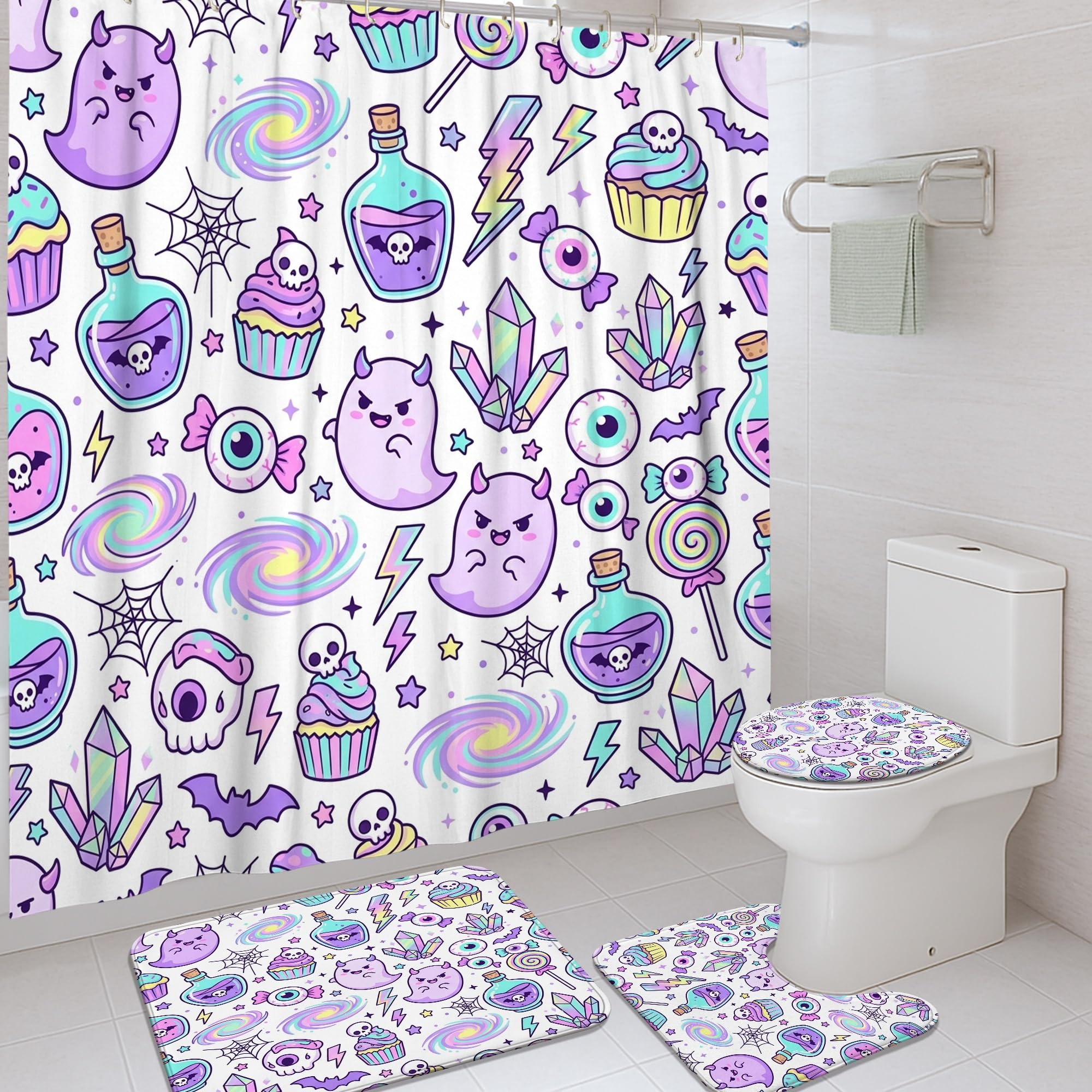 Rideau de douche chat violet 183x183 en polyester imperméable avec tapis de bain assorti